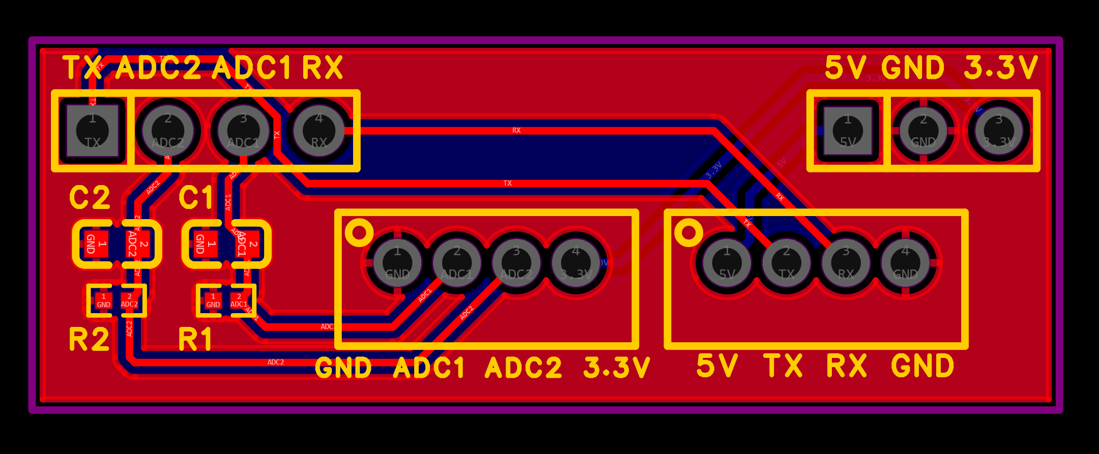 Two-layer PCB layout of the expansion board, showing the TX/ADC2/ADC1/RX and 5V/GND/3.3V headers, the R1/C1 and R2/C2 pulldown and capacitor pairs tied to ground, and the two four-pin connectors