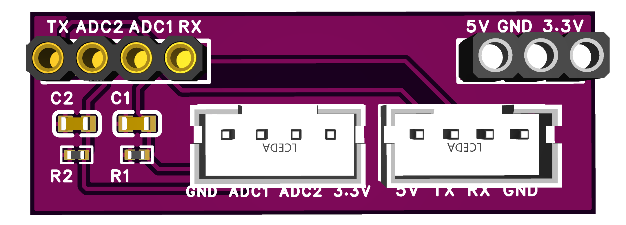 3D render of the assembled expansion board with gold-plated headers, two white four-pin connectors, and the surface-mount resistors and capacitors