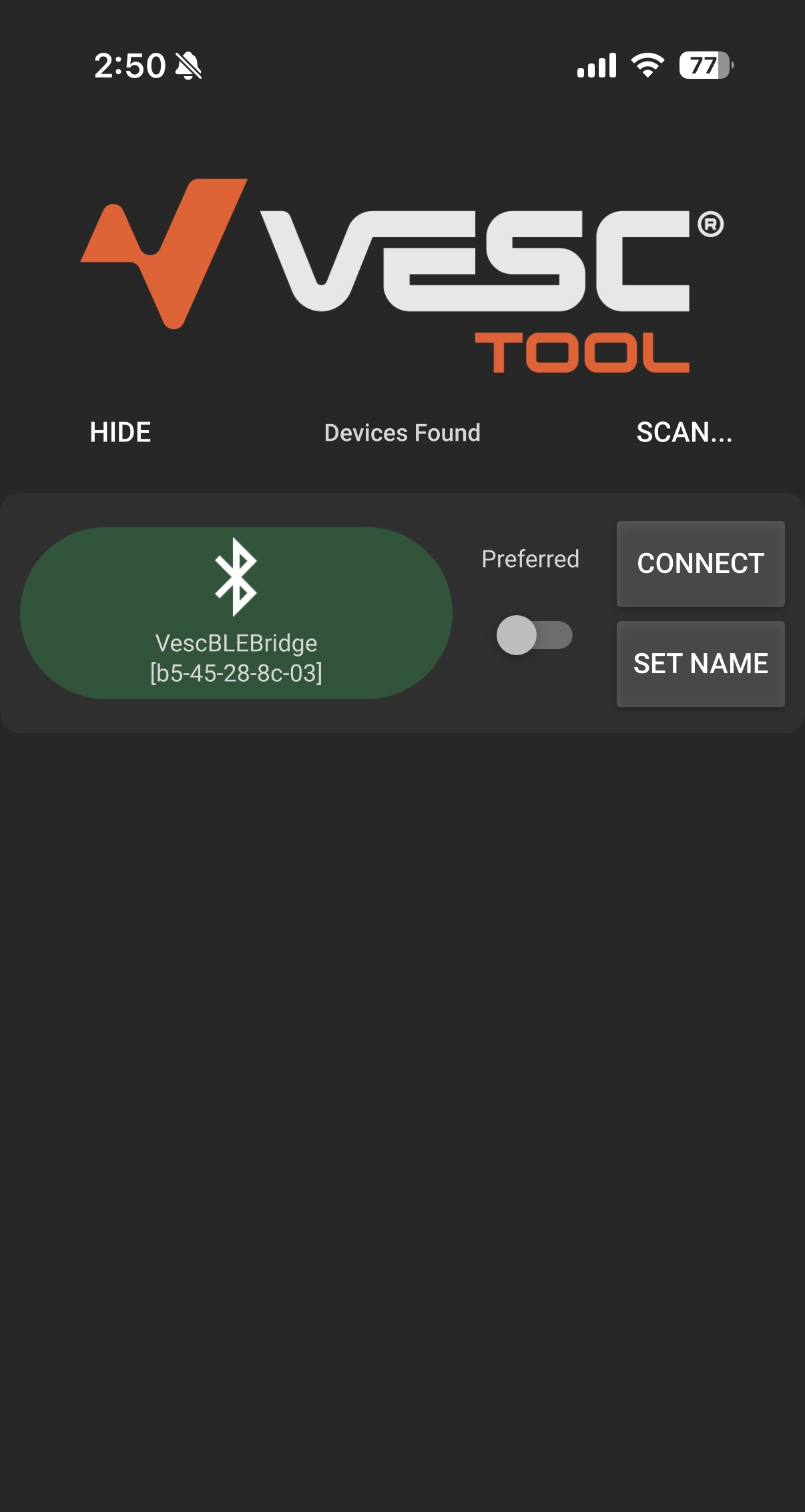 VESC Tool mobile app on a phone showing VescBLEBridge discovered under Devices Found, with a Connect button