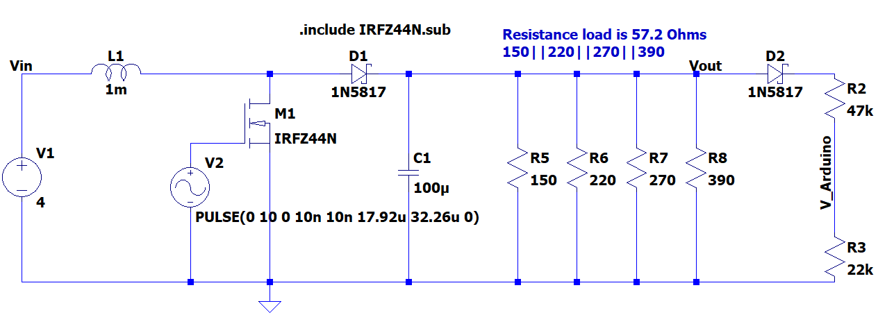 LTspice schematic of the boost converter: a 4 V source, 1 mH inductor, IRFZ44N MOSFET switched by a pulse source, 1N5817 diode, 100 µF capacitor, and a parallel resistor load